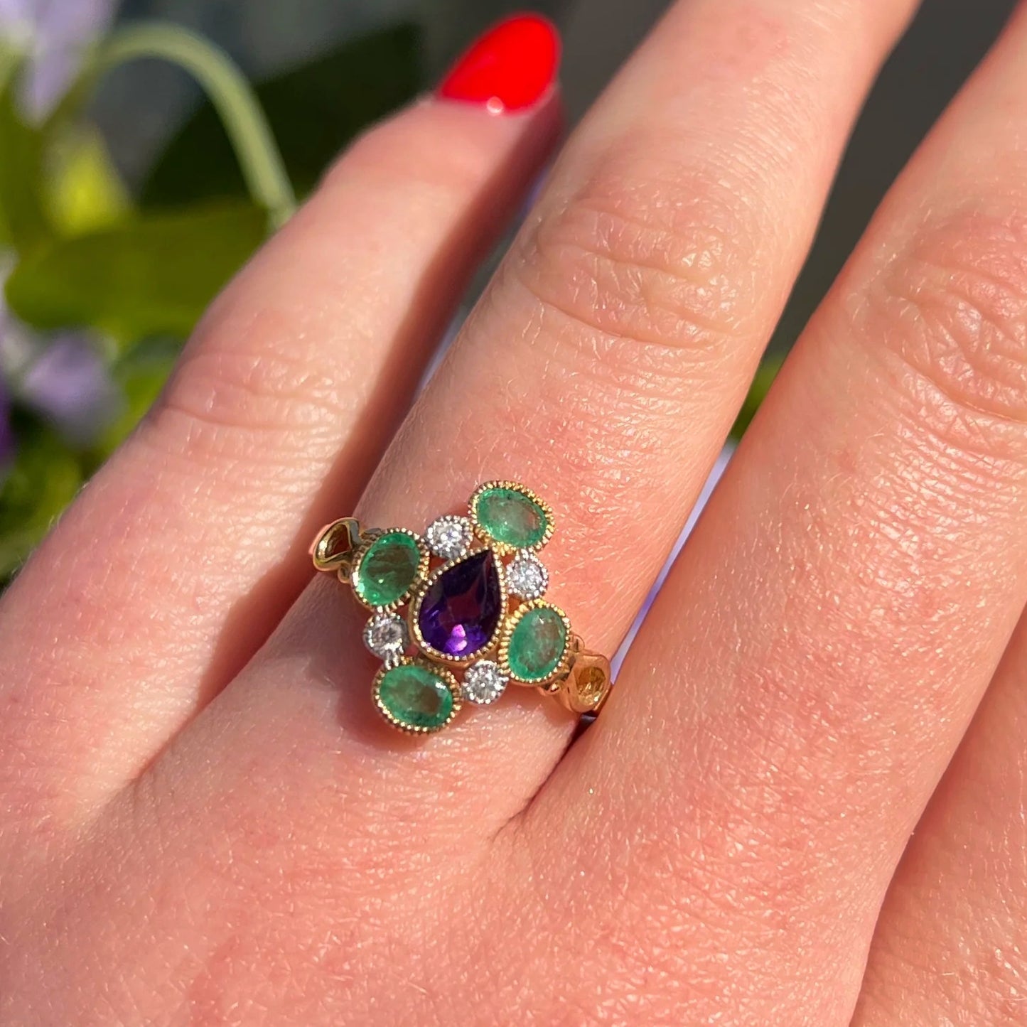 9ct Yellow Gold, Green Emerald, Purple Amethyst and Diamond Victorian Inspired Ring - SIZE O