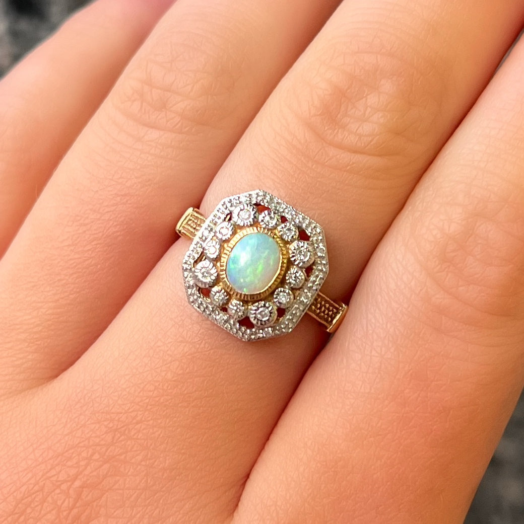 Opulent Art Deco Inspired 9ct Yellow Gold Octagonal Opal and Diamond Cluster Ring - Size O