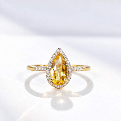 'The Belle' Citrine and Diamond 9ct Yellow Gold Pear Halo Ring | Size N
