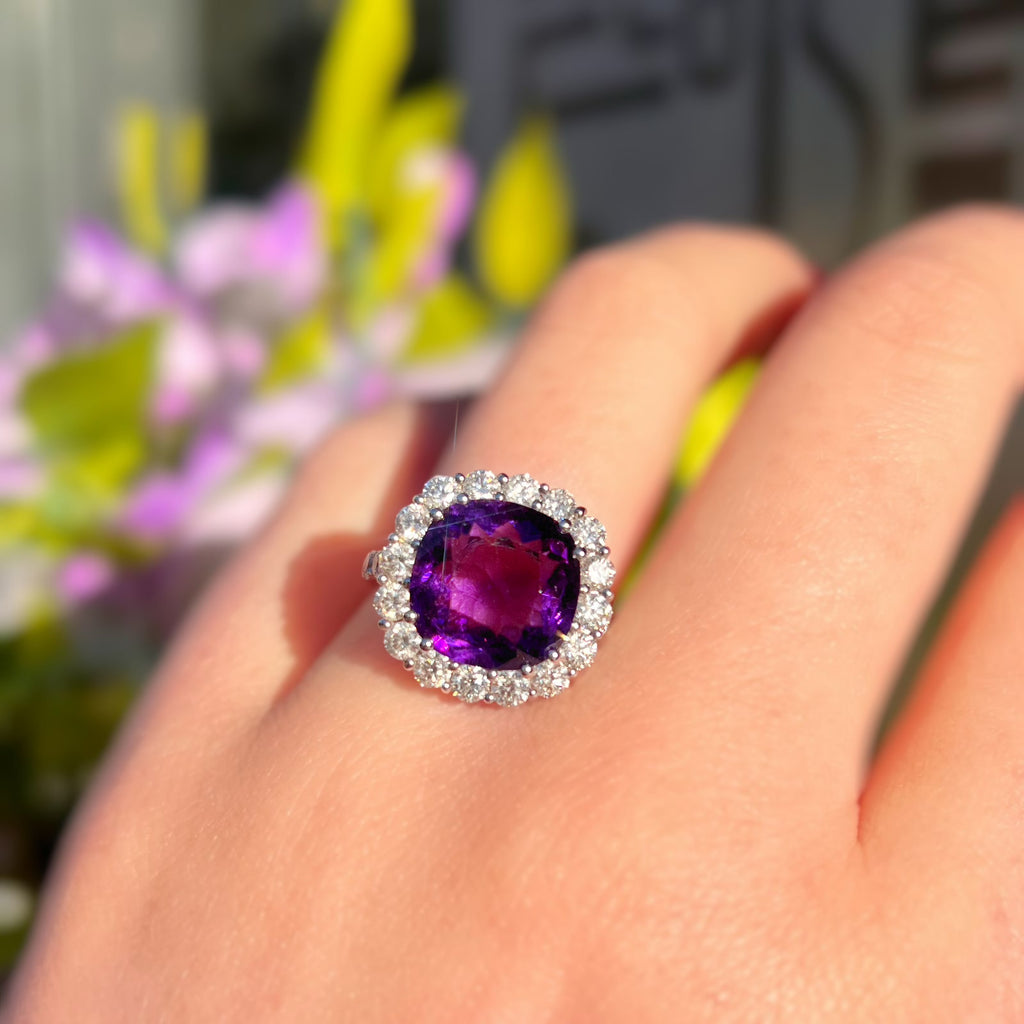 'The Elizabeth' Amethyst and Diamond 18ct White Gold Dress Ring | Size N ½