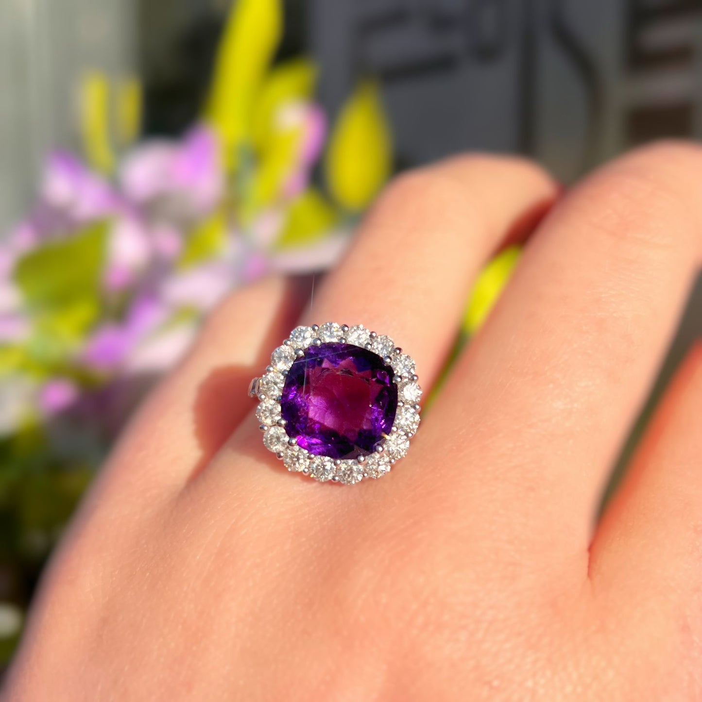 'Elizabeth' Ring - Spectacular 18ct White Gold Amethyst and Diamond Statement Dress Ring – Size N 1/2