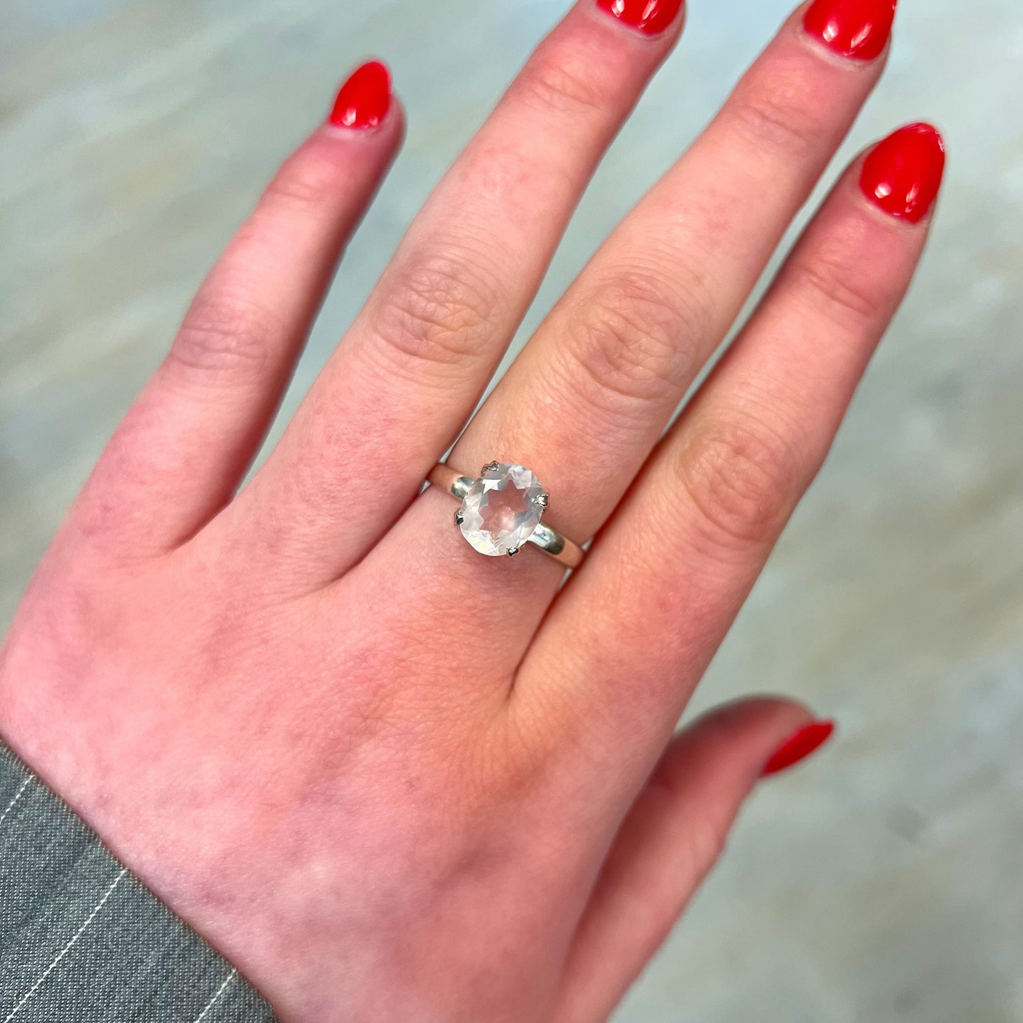 Pink Rose Quartz Sterling Silver Marquise Cut Ring - Size Q