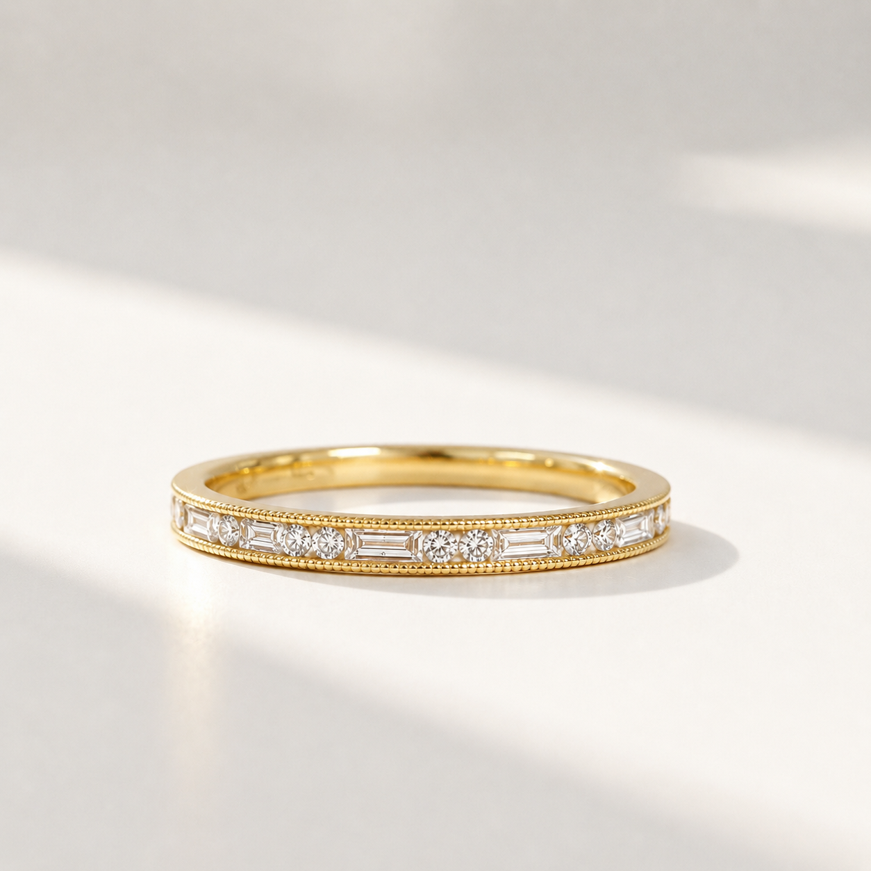 18ct Yellow Gold Brilliant and Baguette Cut Diamond Half Eternity Ring - Size M ½