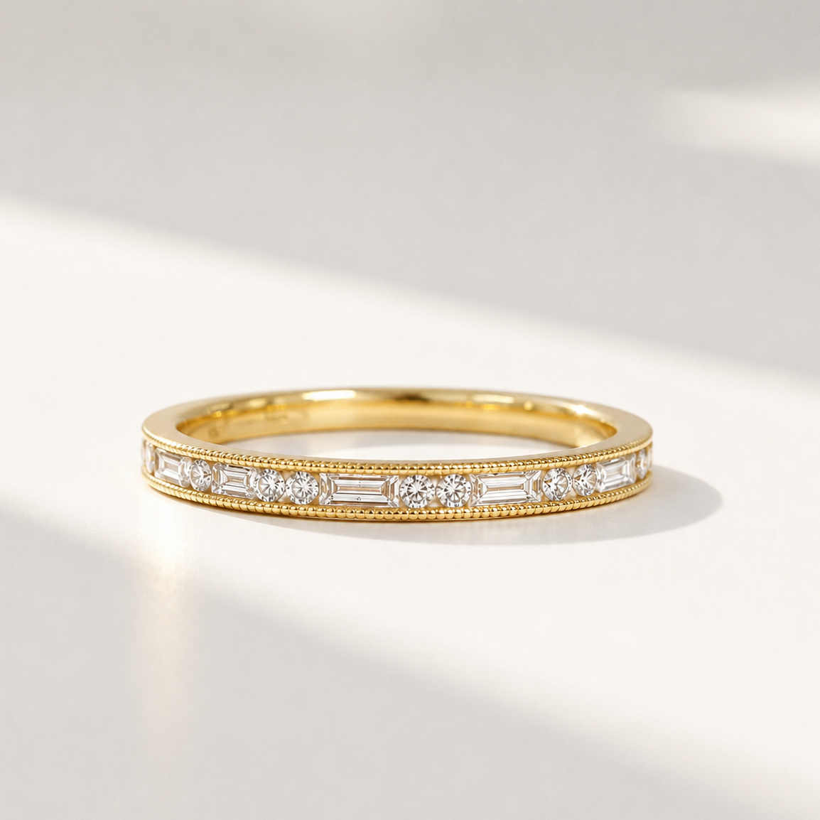 Brilliant and Baguette Cut Diamond 18ct Yellow Gold Half Eternity Ring | Size M ½