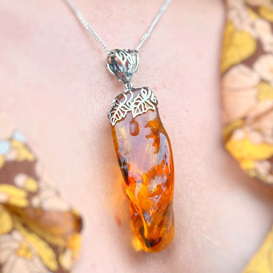 Rare Sterling Silver Orange Amber Prehistoric Fossilised Spider Pendant