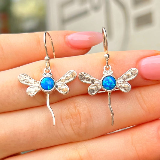 Sterling Silver Blue Opal Dragonfly Drop Earrings