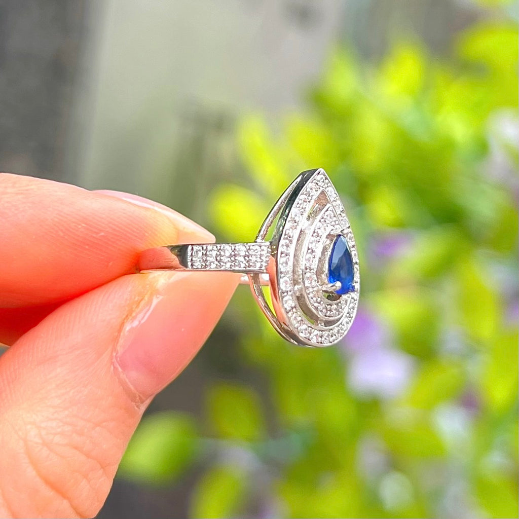 Blue Cubic Zirconia Sterling Silver Pear Shape Double Halo Ring | Size N