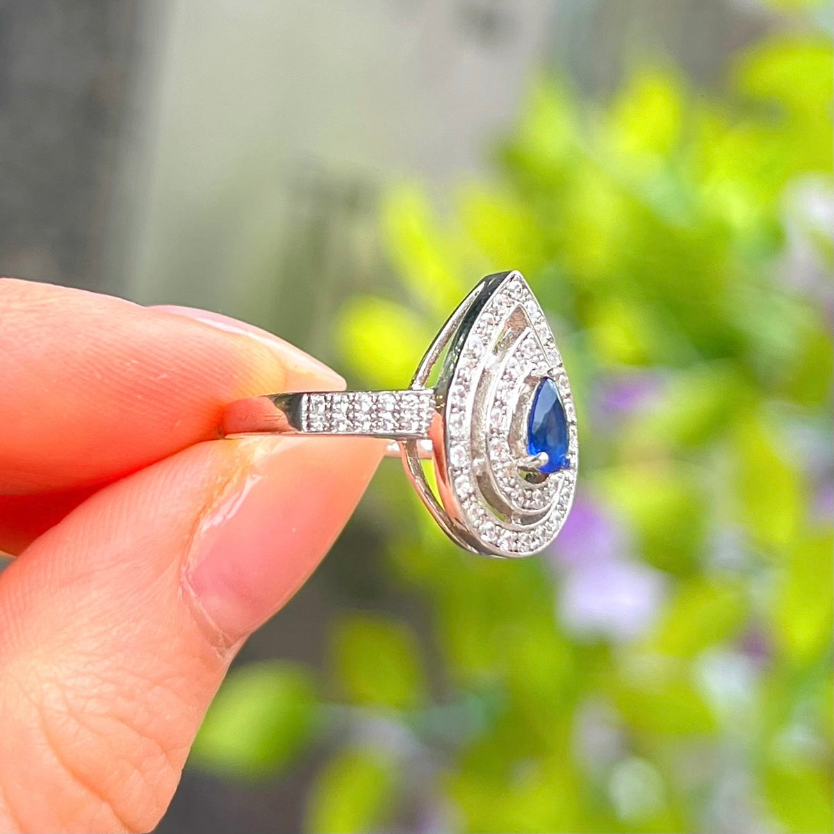 Blue Cubic Zirconia Sterling Silver Pear Shape Double Halo Ring | Size N
