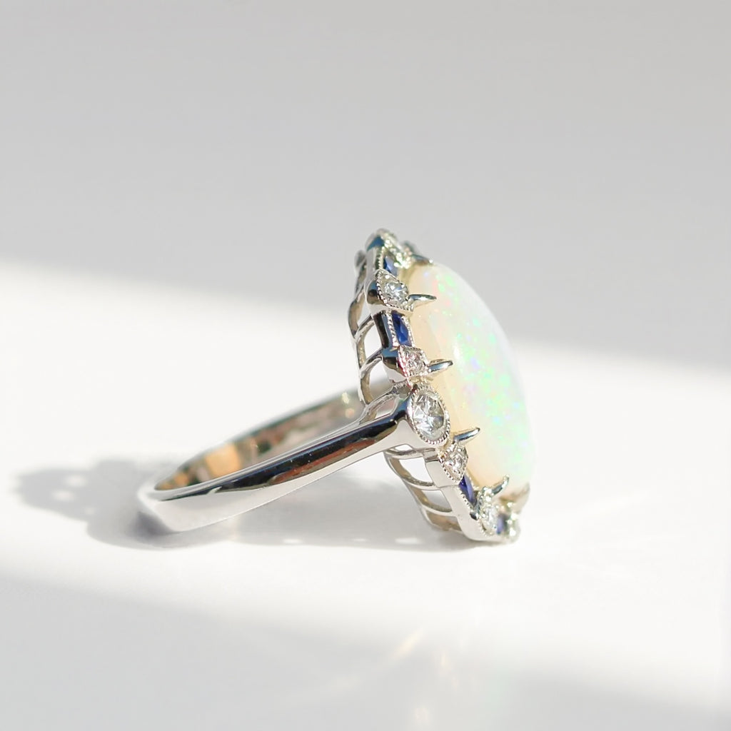 Art Deco Reproduction Opal, Sapphire and Diamond Platinum Ring | Size N ½