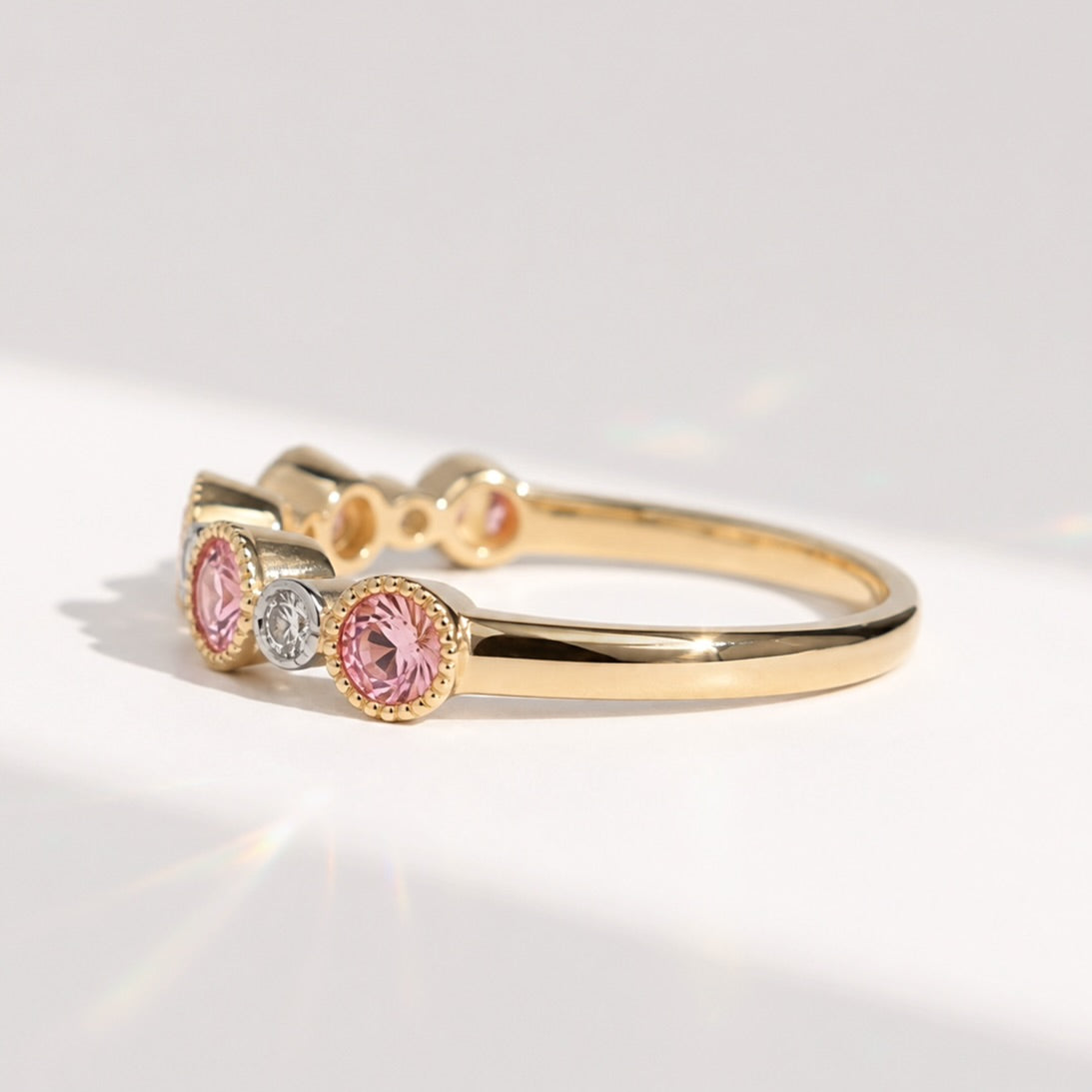 Pink Sapphire and Diamond 9ct Yellow Gold Half Eternity Ring | Size N