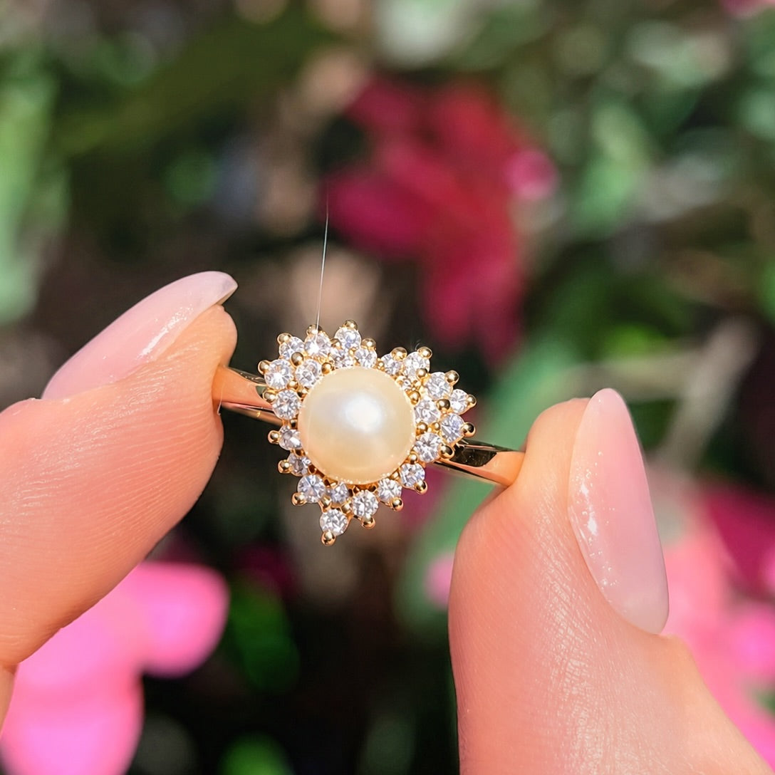 Vintage 14ct Yellow Gold Pearl and Diamond Heart Design Dress Ring - Size N