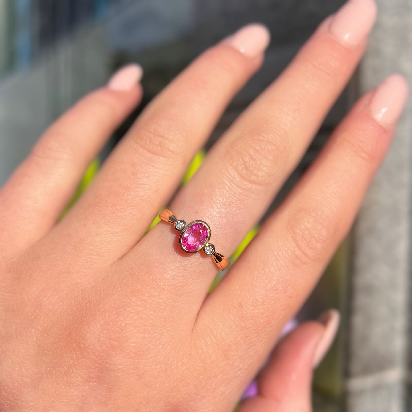 'Aurora' Ring - 9ct Yellow Gold Pink Sapphire and Diamond Trilogy Size O