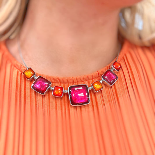 ‘Watch This Space’ Pink & Orange Square Necklace