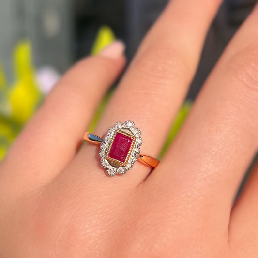 'Snow' Ring - Elegant 9ct Yellow Gold Ruby and Diamond Ring Size N ½