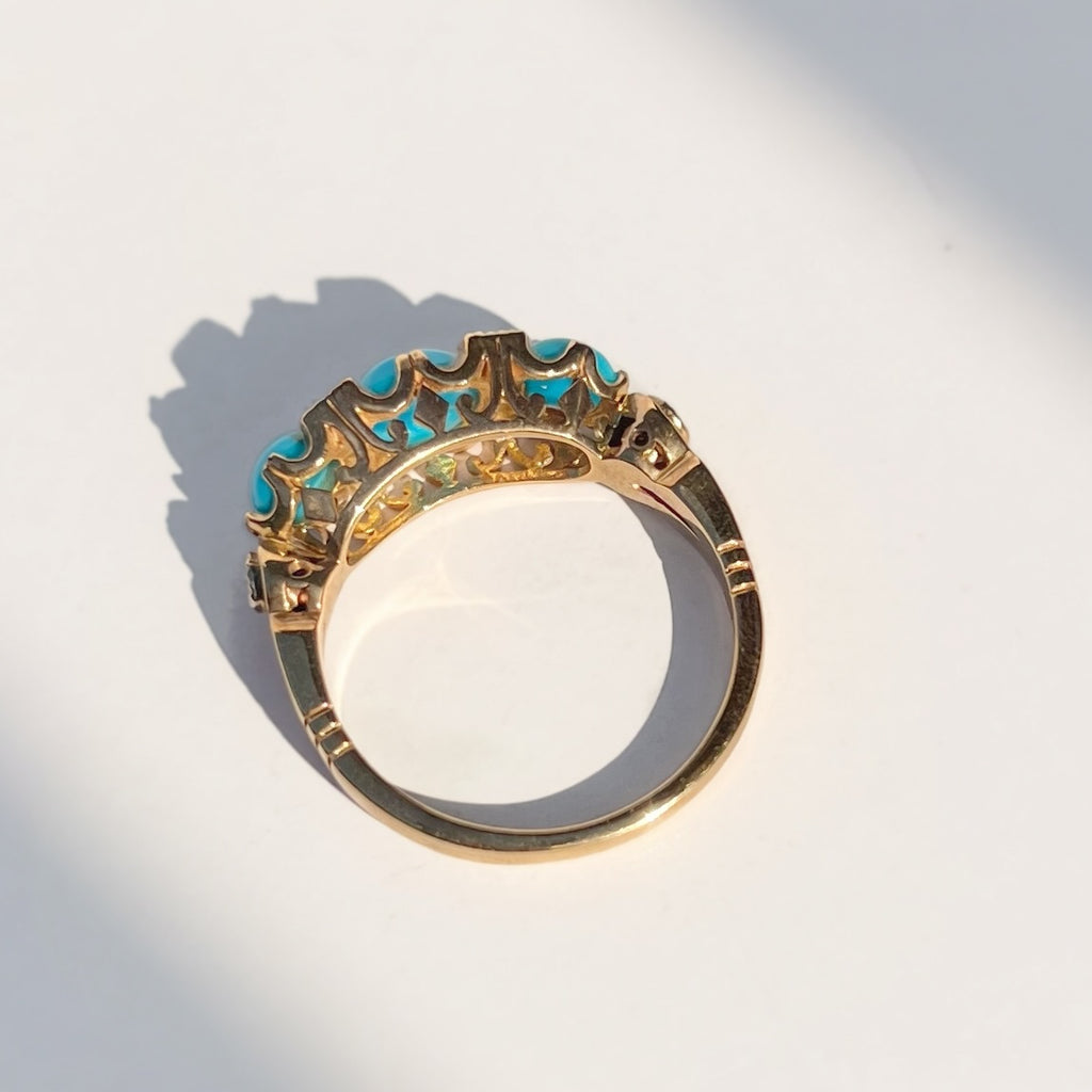 Edwardian Reproduction Turquoise and Diamond 9ct Yellow Gold Ring | Size M ½