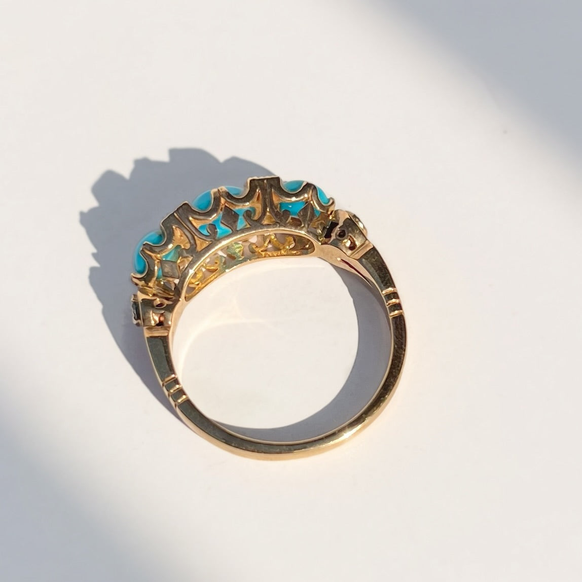 Edwardian Reproduction 9ct Yellow Gold Turquoise and Diamond Ring - Size M ½