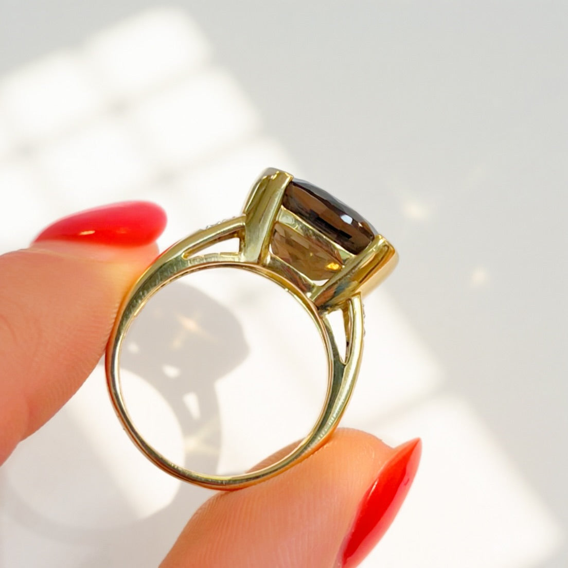 Vintage 9ct Yellow Gold Smoky Quartz and Diamond Cocktail Ring - Size M ½