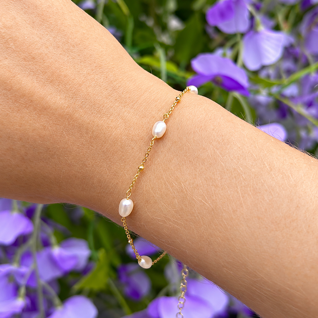 Dainty Sterling Silver 9ct Gold Plated Pearl Station Bracelet