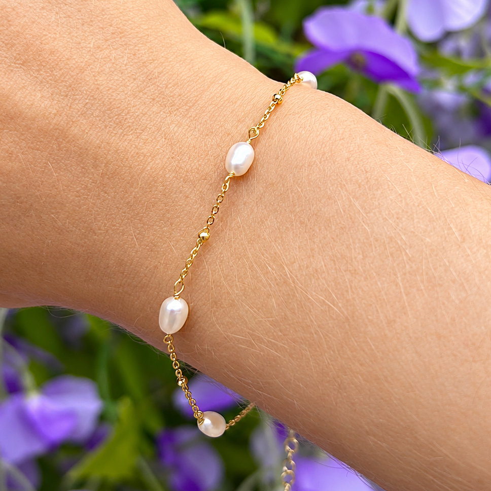 Dainty Sterling Silver 9ct Gold Plated Pearl Station Bracelet