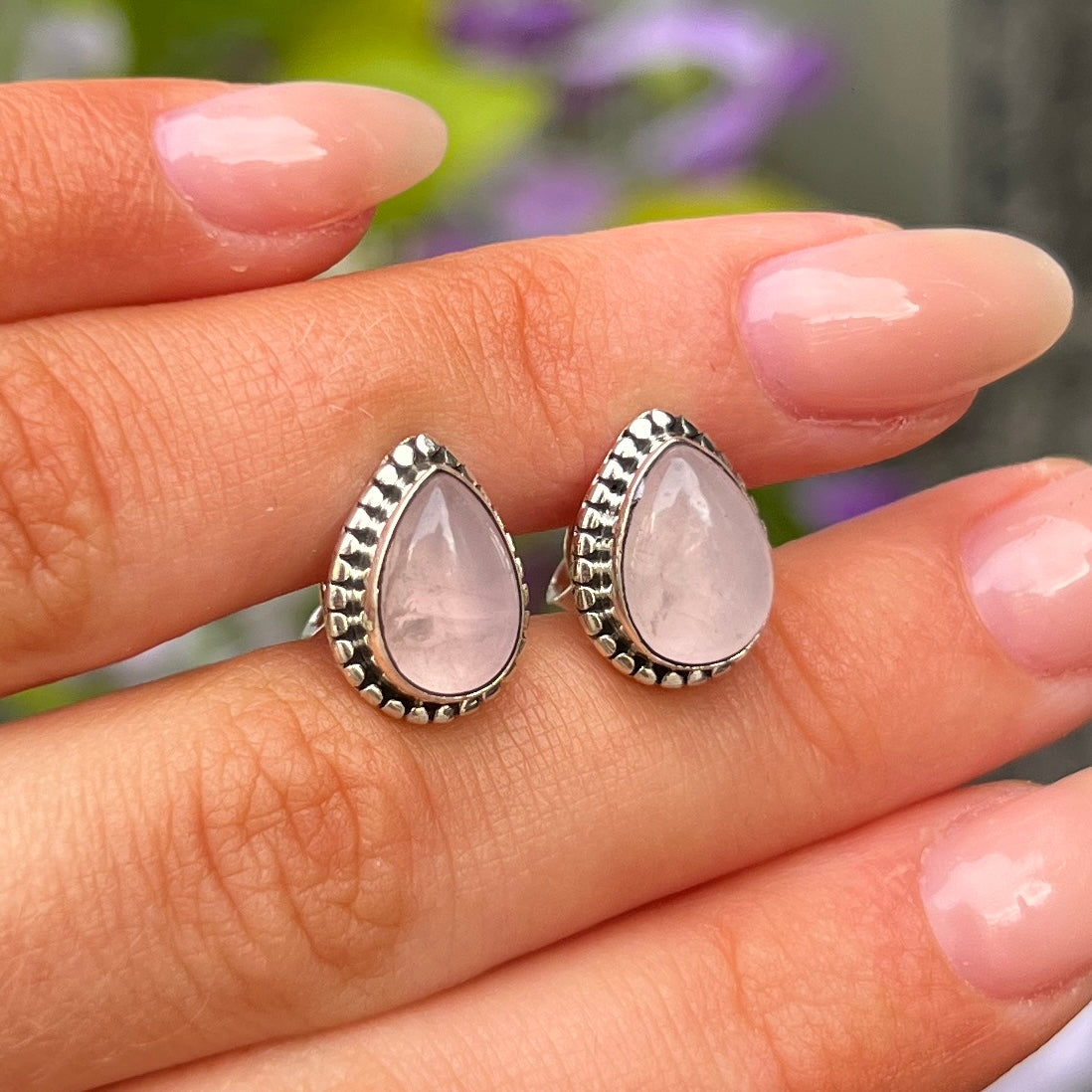 Sterling Silver Boho Pink Rose Quartz Pear Cut Stud Earrings