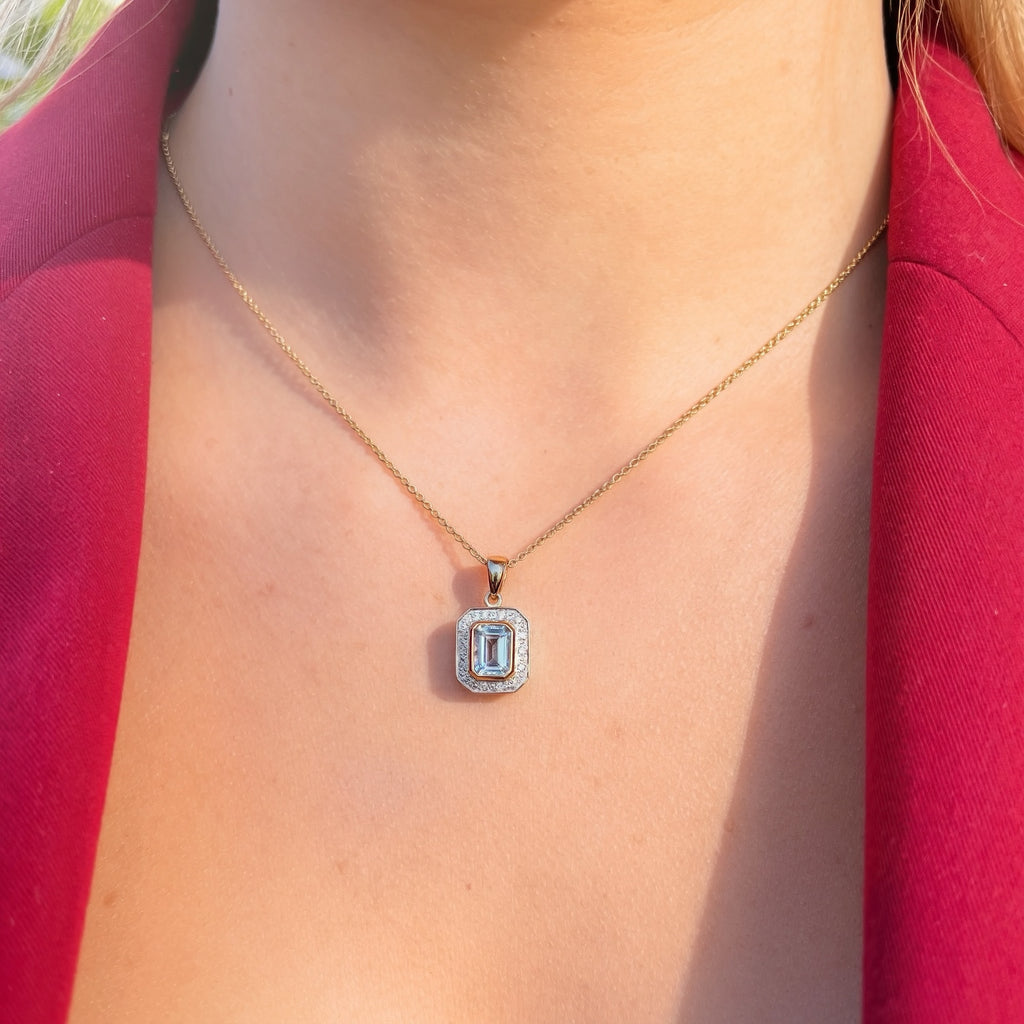 Aquamarine and Diamond Dainty Art Deco Inspired 9ct Yellow Gold Necklace