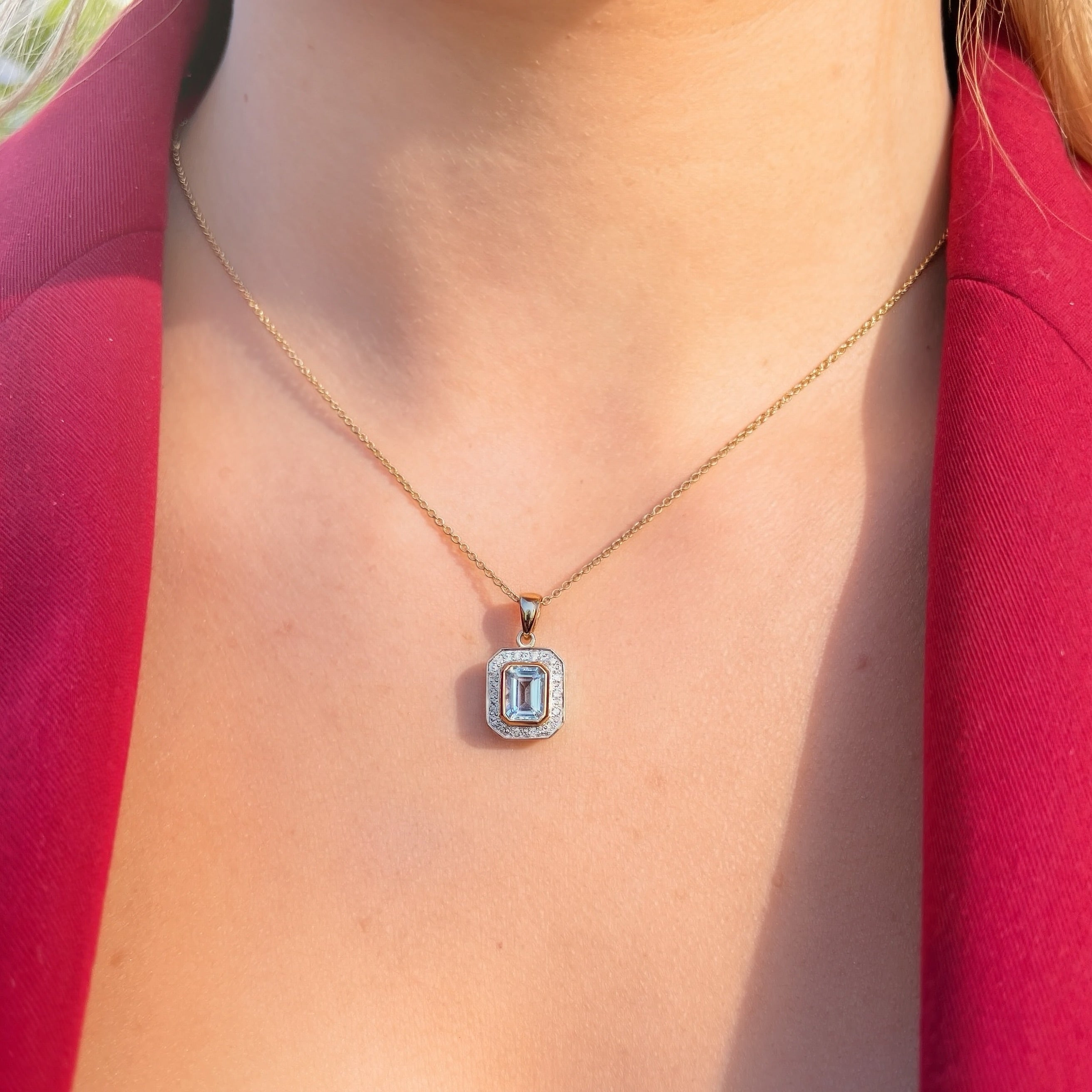 Aquamarine and Diamond Dainty Art Deco Inspired 9ct Yellow Gold Necklace