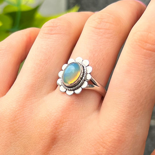 Sterling Silver Flower Design Opal Ring - Size O