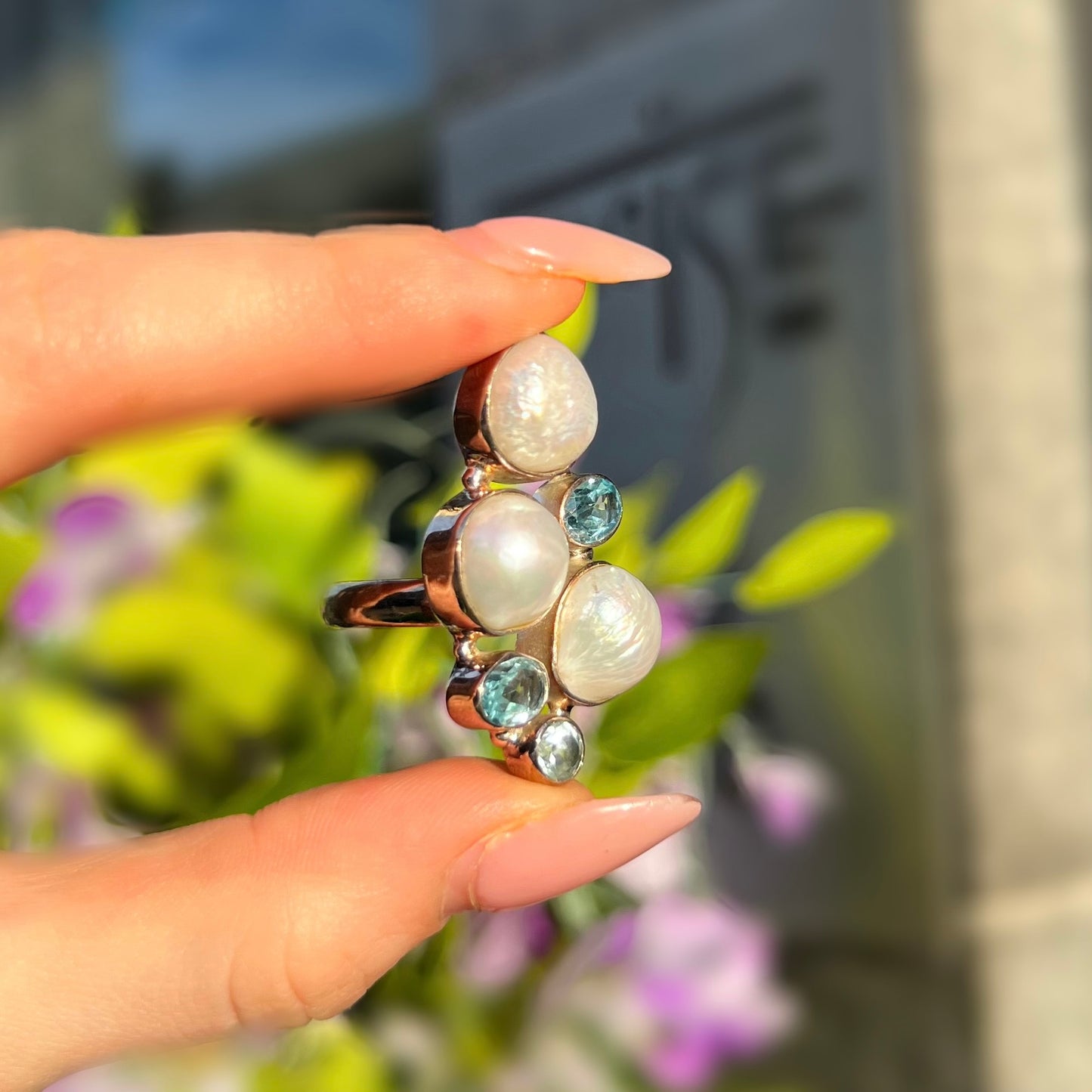 Sterling Silver Baroque White Pearl & Blue Topaz Unique Statement Ring - Adjustable Size