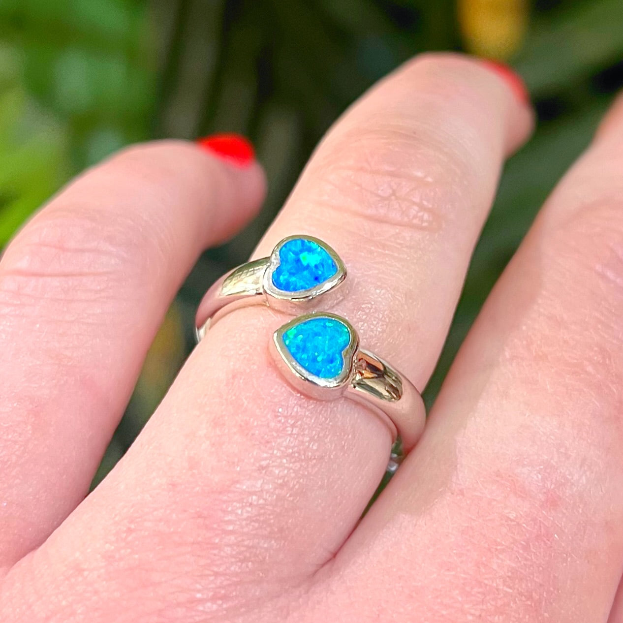 Two Hearts Blue Opal Sterling Silver Ring | Adjustable Size