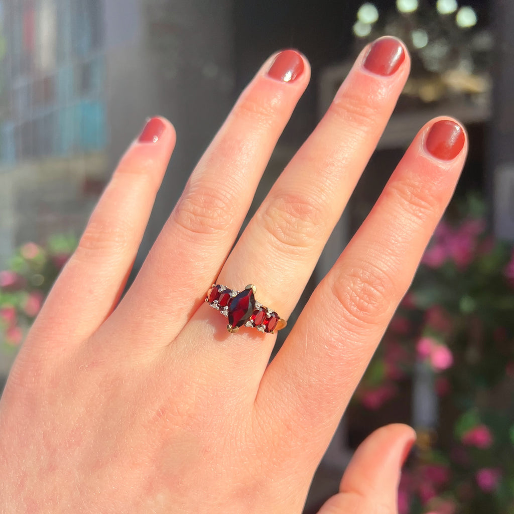 Vintage Garnet and Diamond 9ct Yellow Gold Dress Ring | Size N