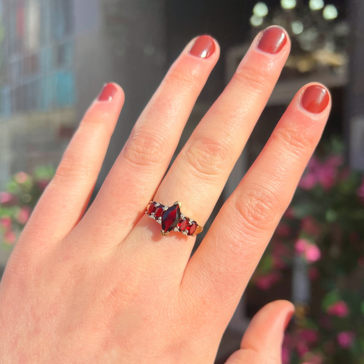 Vintage Garnet and Diamond 9ct Yellow Gold Dress Ring | Size N