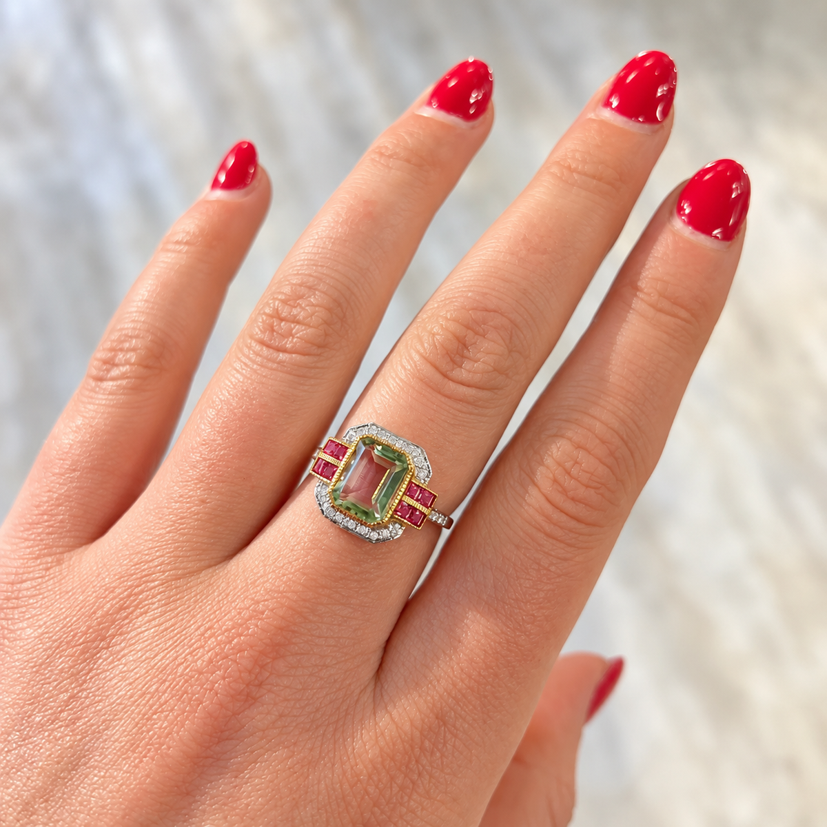 Art Deco Inspired Green Amethyst and Pink Tourmaline 9ct Yellow Gold Ring