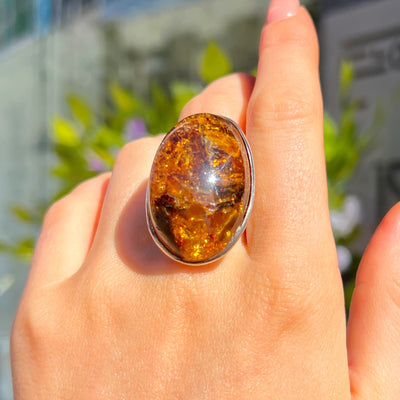 Orange Amber Sterling Silver Super Chunky Ring | Adjustable Size