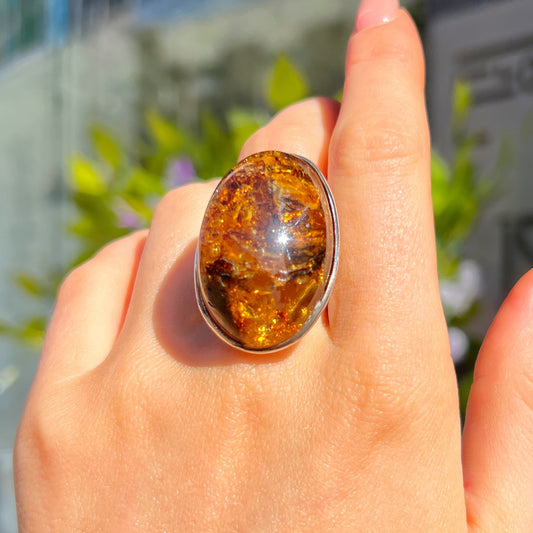 Super Chunky Sterling Silver Orange Amber Ring - adjustable