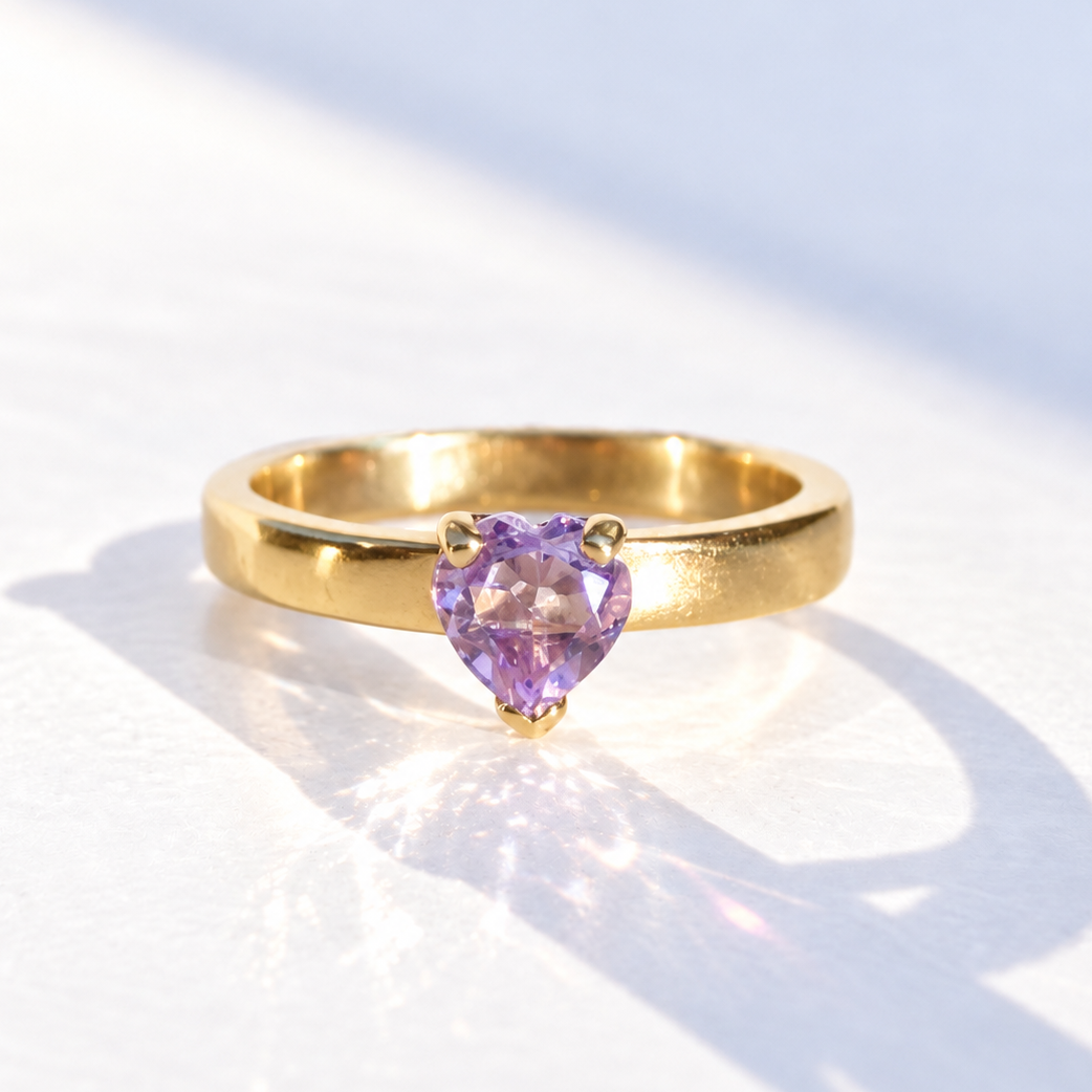 Handmade Vintage Amethyst 9ct Yellow Gold Heart Solitaire Ring | Size M