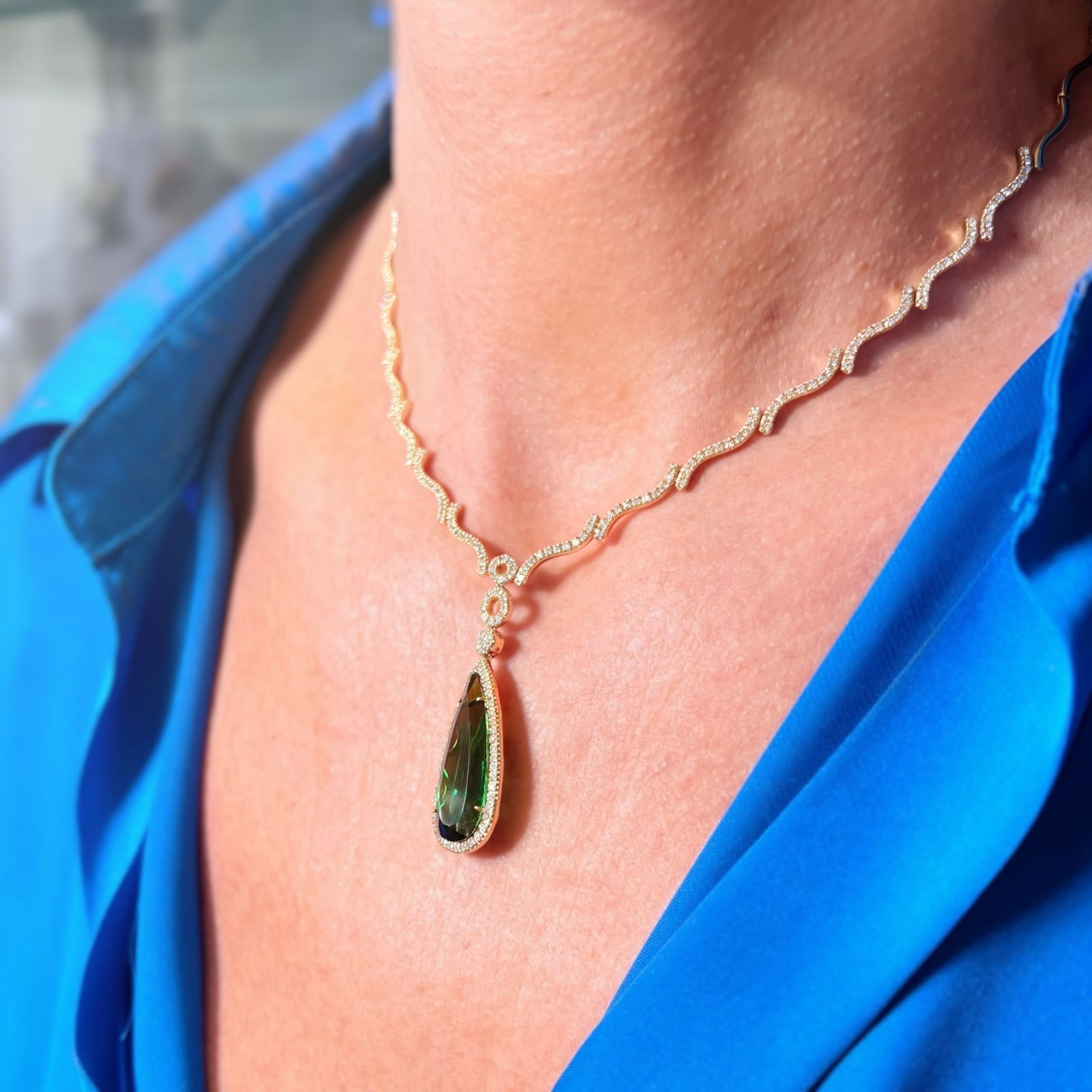 8.78ct Tourmaline and Diamond 18ct Yellow Gold Teardrop Necklace