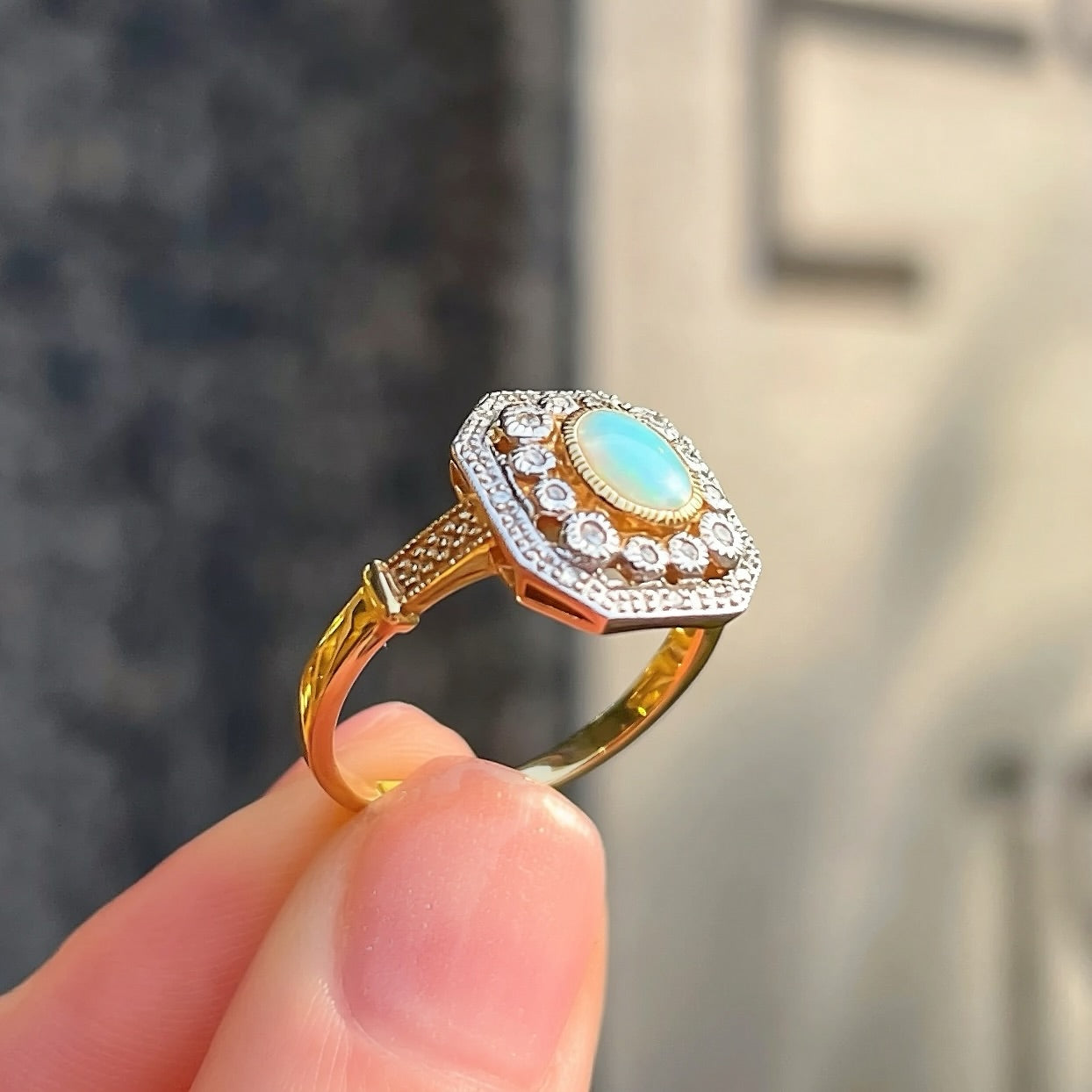 Art Deco Inspired Octagonal Opal and Diamond 9ct Yellow Gold Cluster Ring | Size O