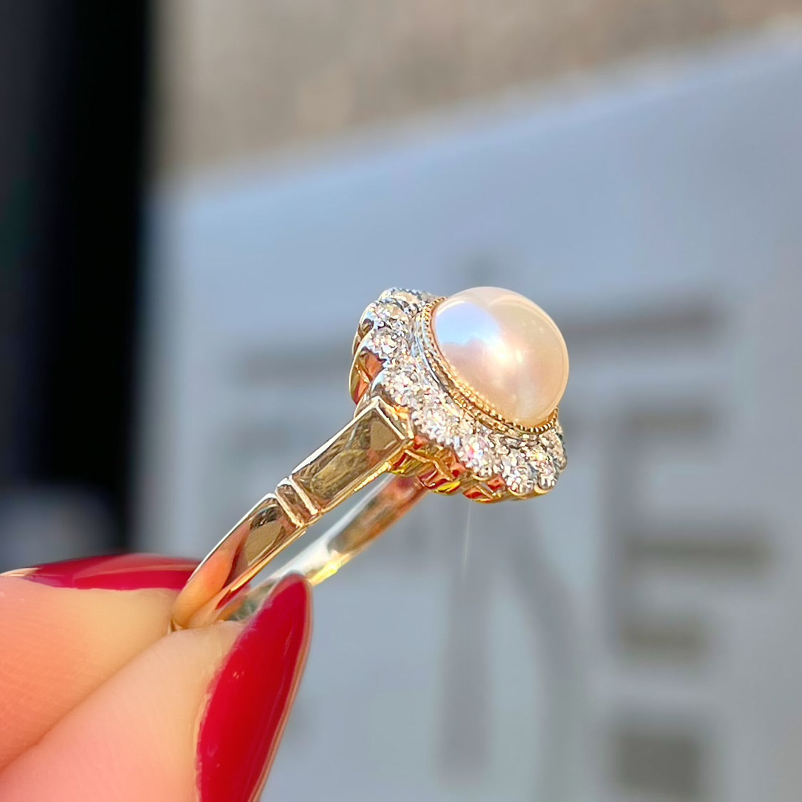 'The Audrey' Pearl and Diamond 9ct Yellow Gold Halo Cluster Ring | Size O