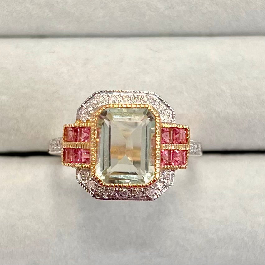 Art Deco Inspired 9ct Yellow Gold Green Amethyst and Pink Tourmaline Ring - Size O ½