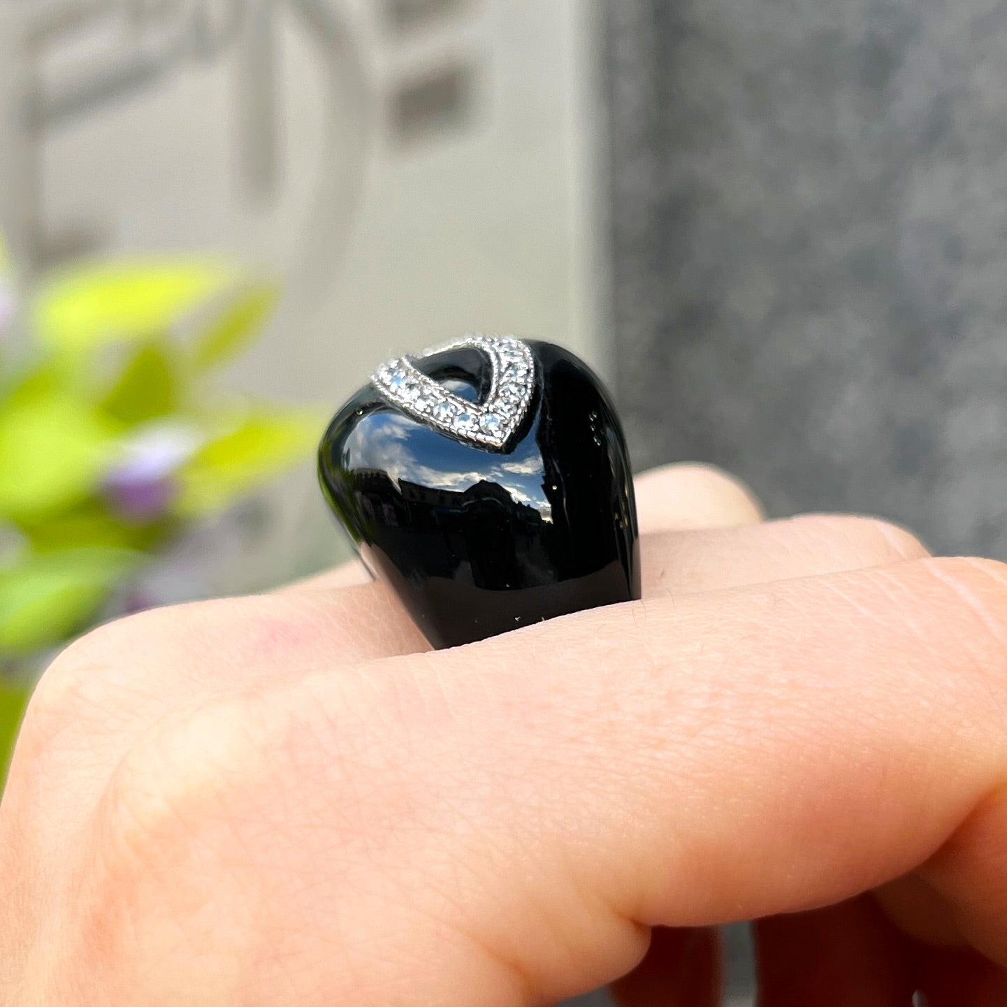 Onyx & Cubic Zirconia Sterling Silver Chunky Design Ring | Size Q