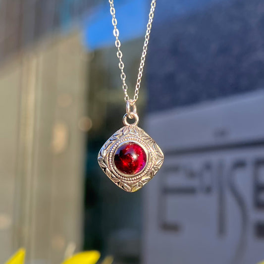 Boho Inspired Oxidised Sterling Silver Red Garnet Cabochon Necklace