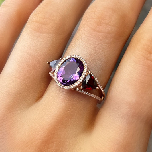 18ct Rose Gold Purple Amethyst, Red Garnet and Diamond Ring - Size M