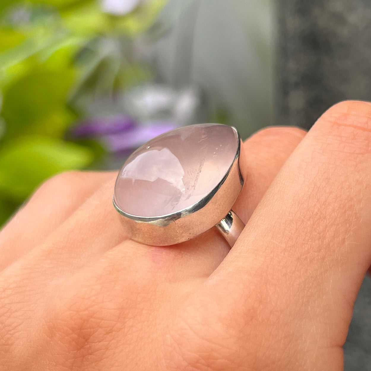 Chunky Sterling Silver Pear Cut Cabochon Pink Rose Quartz Ring - Size P