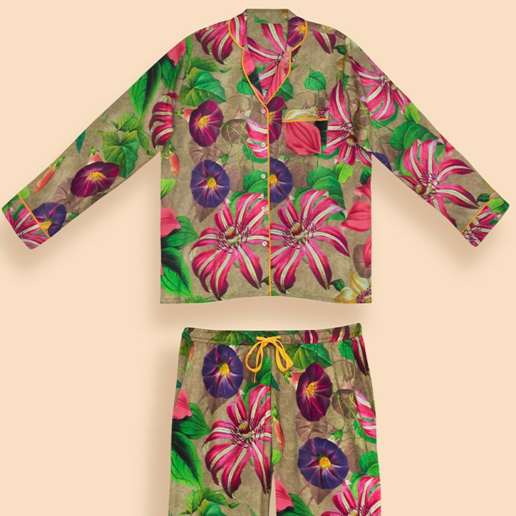 Super Soft Oversized Green Floral Botanicals Long Pyjamas | Powder Accessories