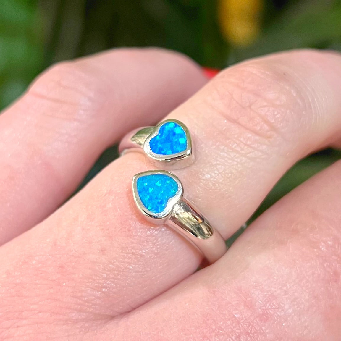Sterling Silver Two Hearts Blue Opal Ring - Adjustable Size