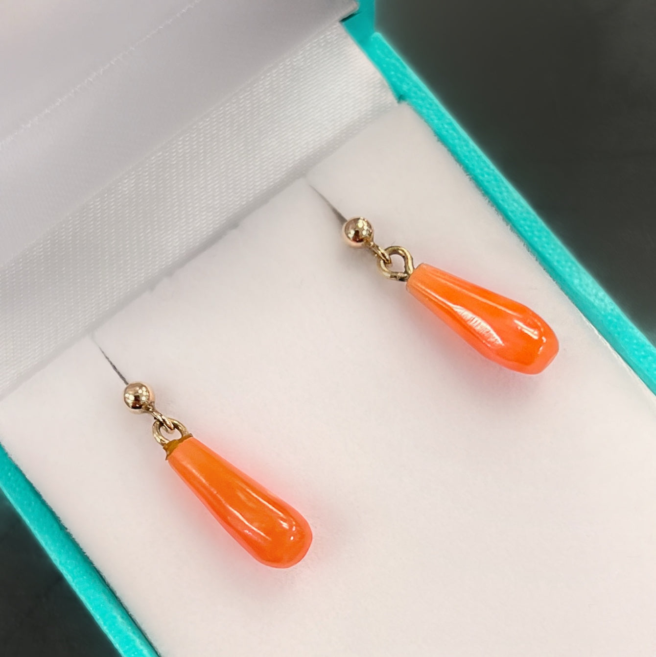 Dainty Antique 9ct Yellow Gold Coral Drop Earrings