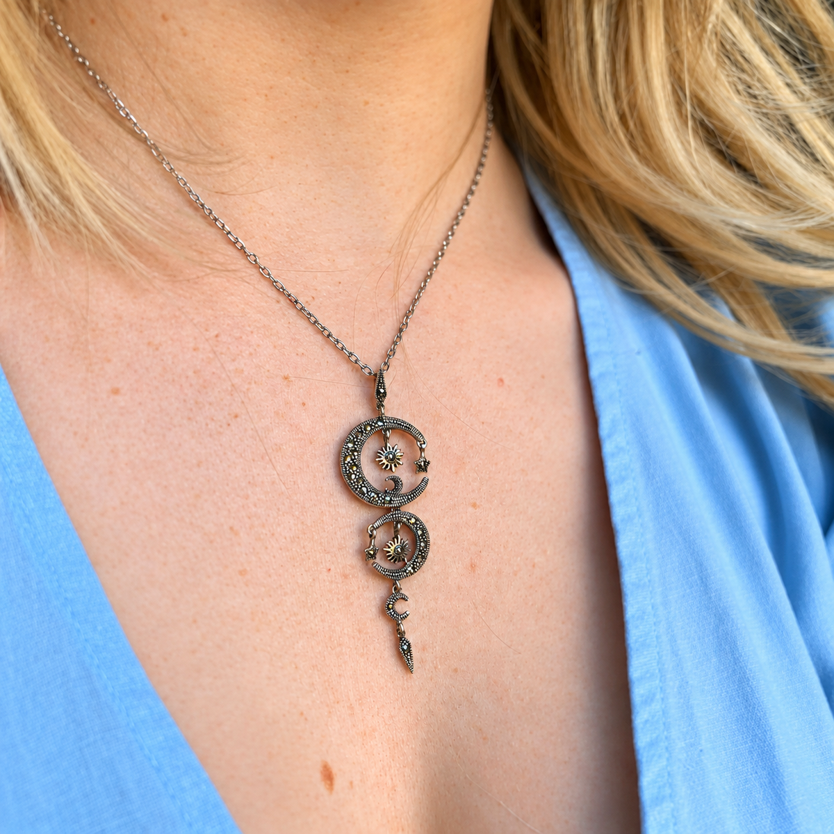 Marcasite Celestial Moon and Star Universe Sterling Silver Necklace