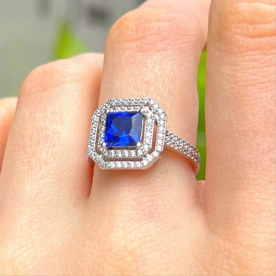 Blue Cubic Zirconia Sterling Silver Square Halo Ring | Size M