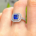 Blue Cubic Zirconia Sterling Silver Square Halo Ring | Size M