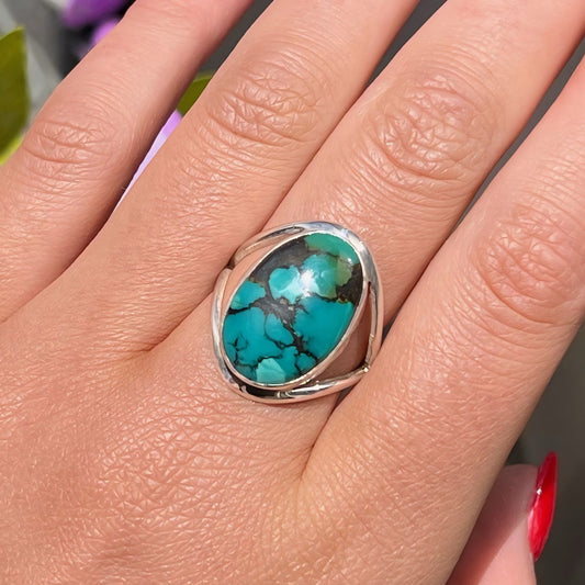 Contemporary Sterling Silver Turquoise Ring - Size P 1/2